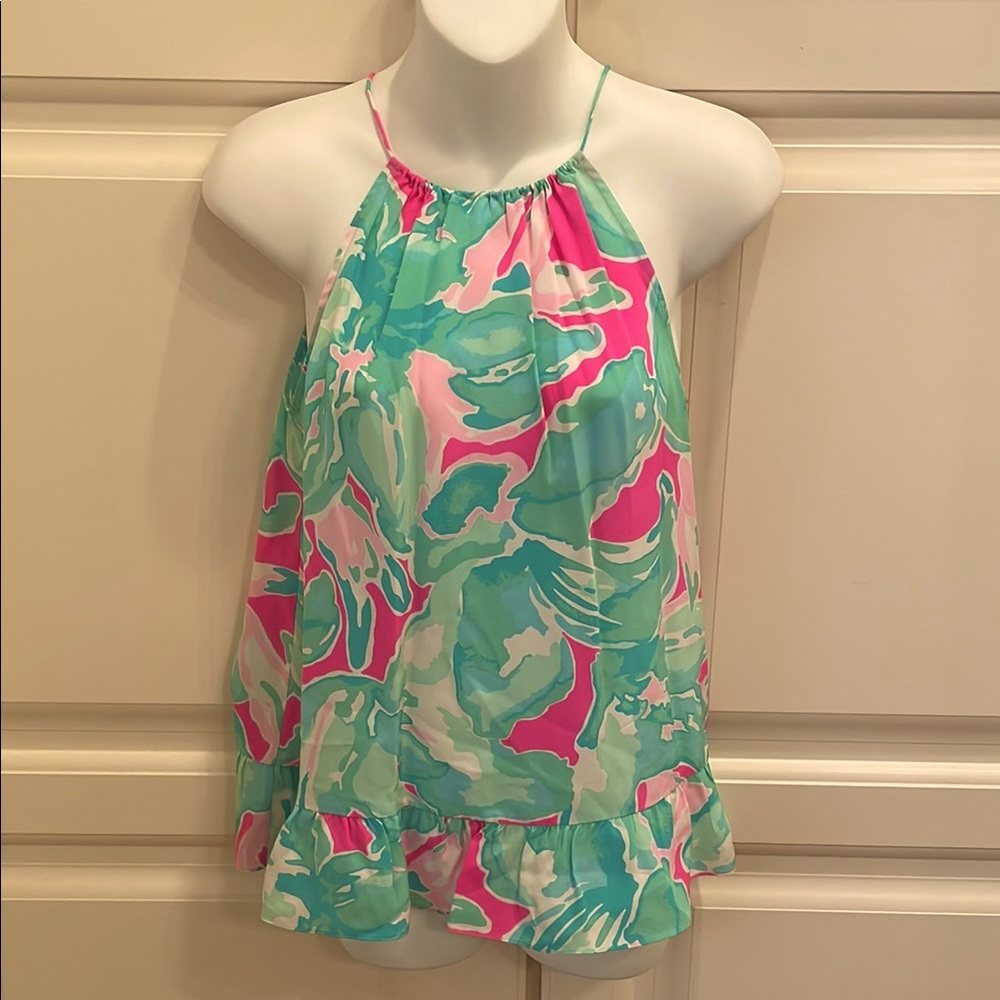 Lilly Pulitzer silk halter top with peplum hem sz xs